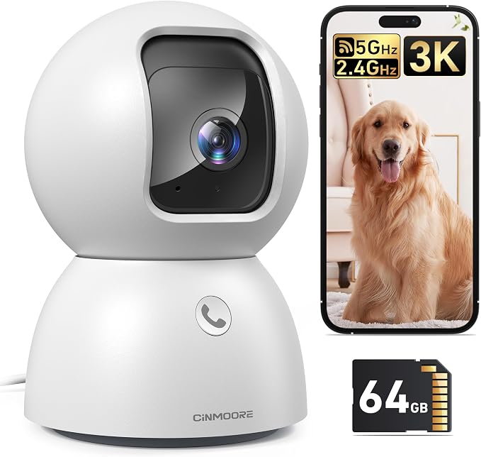 Smart 3K Indoor Dome Security Camera with AI Human/Pet/Facial Detection, 360�� Pan-Tilt Coverage, 2-Way Audio, 2.4GHz 5GHz Dual-Band Wi-Fi - Includes 64GB SD Card & No Subscription Needed