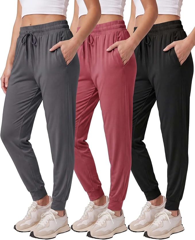 3 Pack Women's Lounge Joggers Sweatpant Active Athletic Yoga Workout Pocket | Available in Plus Size, Ladies Casual, Drawstring Gym Pants, Sleep Bottoms, Hiking, Running, Fitness, Exercise, Pajama, Soft