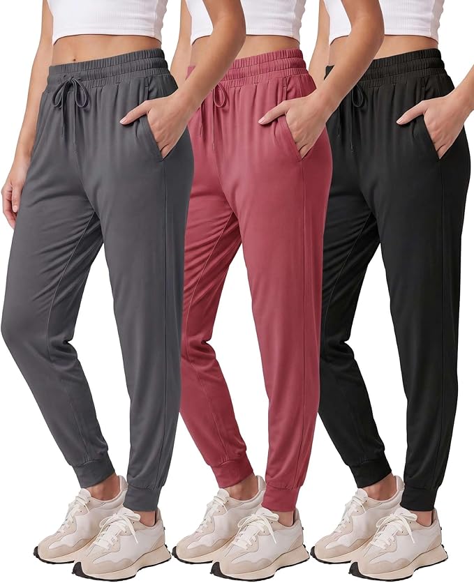 3 Pack Women's Lounge Joggers Sweatpant Active Athletic Yoga Workout Pocket | Available in Plus Size, Ladies Casual, Drawstring Gym Pants, Sleep Bottoms, Hiking, Running, Fitness, Exercise, Pajama, Soft