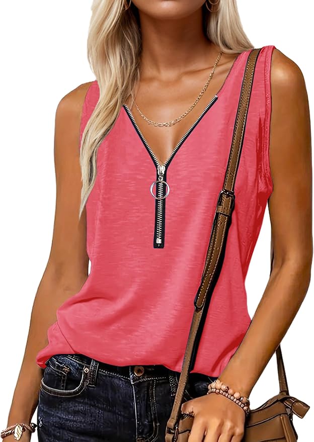 Halife Womens Half Zip V Neck Tank Tops Summer Sleeveless Shirts Casual Loose Top Blouses T Shirts