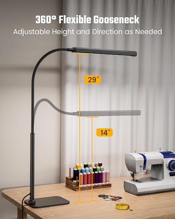 SUPERDANNY Eye-Caring LED Desk Lamp with Base 360° Flexible Gooseneck Work Lamp Touch Control 3 Light Colors Smooth Dimming Task Lighting Reading Light for Home Office College Dorm, Black