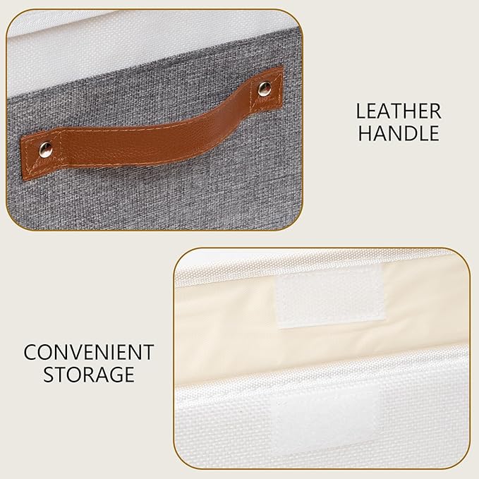 Yawinhe Storage Bins with Lids, Fabric Foldable Boxes, Washable and Leather Handle, Cube Organizer Basket for Home, Closet, White/Grey, 17.7''Lx11.8''Wx11.8''H, 1-Pack, USNK024WGX-1