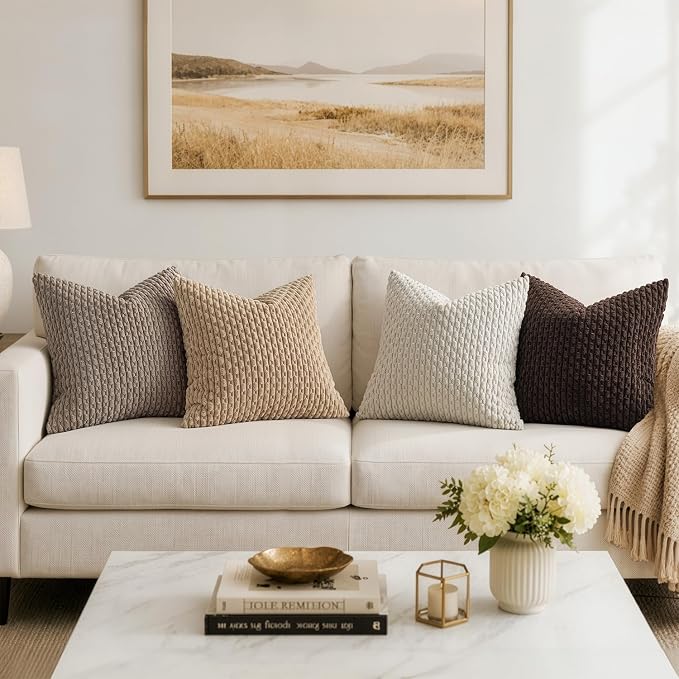 MIULEE Decorative Throw Pillow Covers 18x18 Neutral Brown Textured Corduroy | Pack of 2 Striped Pillow Covers Modern Farmhouse Fall Home Decor for Couch Bed Sofa Living Room