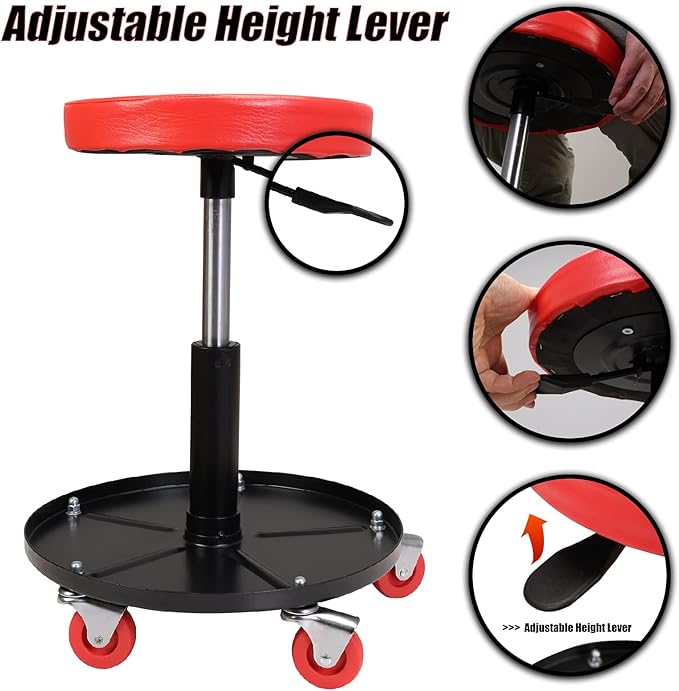Torin ATRHL6201B Heavy Duty Rolling Pneumatic Creeper Garage/Shop Seat: Padded Adjustable Mechanic Stool with Tool Tray Storage, Red 250 LBS