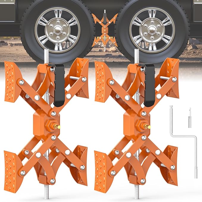 X-Shaped Wheel Chocks for Travel Trailer【Allow Drill Adjust】 RV Stabilizers X chocks Camper Wheel Chock for Travel Trailers RV Accessories Wrench Adjustable 3"-11.5" （2 PCS） Orange