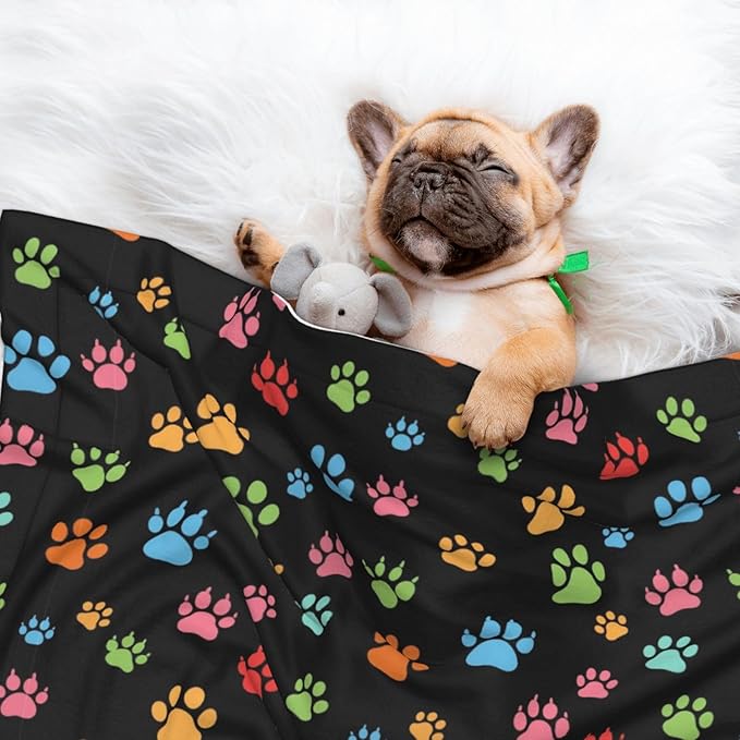 Double Sided Pet Mat for Dog Bed Topper Cat Blanket Furniture Protector, Pink Red Blue Green Dog Pug Paws, Reversible Plush with Tactile Dot Pattern for Style Change