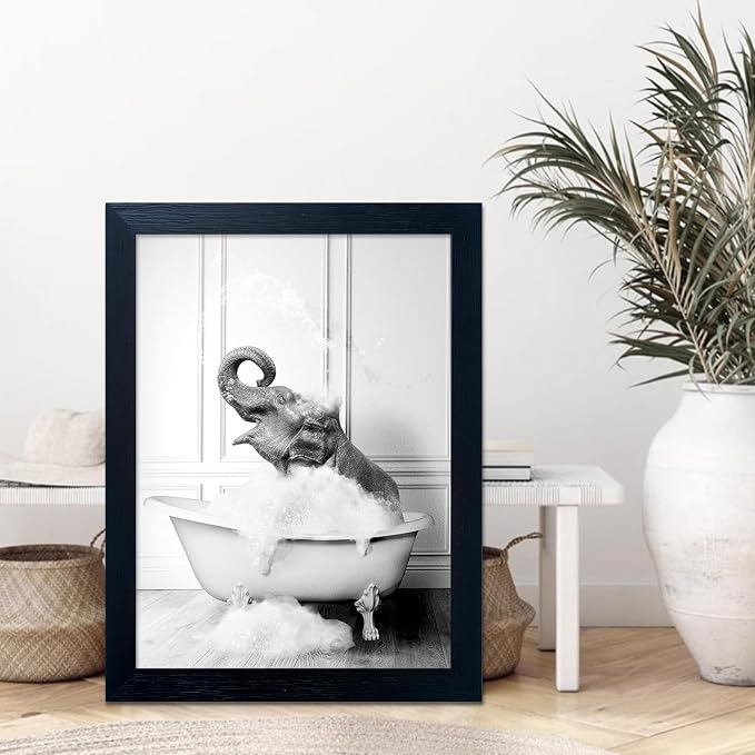Framed Bathroom Wall Decor Elephant in Bathtub Pictures Wall Art Black and White Funny Animal Canvas Print Artworks for Bathroom