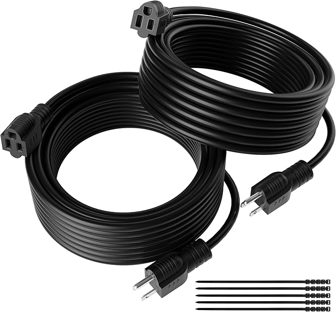 Extension Cord 6 FT (2-Pack), 3 Prong Extension Power Cord, 16/3 Gauge Flexible Cold, 13A 1625W 16AWG, 3 Prong Electric Cord, ETL, Black Cable with 25 Cable Ties