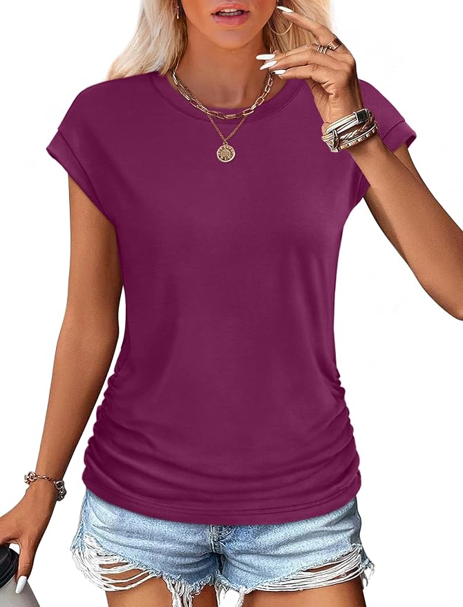 Sampeel Womens Summer Tops Trendy 2026 Ruched Cap Short Sleeve Tshirts Shirts Crew Neck T Shirts Fashion