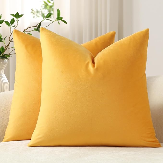 Throw Pillow Covers 16x16 Gold Yellow: Pack of 2 Cozy Soft Velvet Square Modern Luxury Decorative Throw Pillow Cases for Sofa Couch Living Room Bed Home Decor