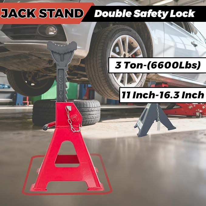 HENBOW Jack Stands,3 Ton(6600 Lbs) Capacity Car Jack Stand with Lock Pin,11.02"-16.14" Adjustable Height for Cars Trucks,Garage, SUV, UTV/ATV,1 Pair，Red
