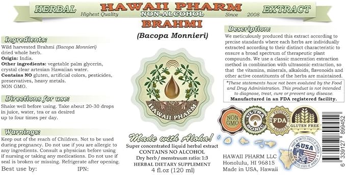 Brahmi Alcohol-Free Liquid Extract, Organic Brahmi Liquid (Bacopa Monnieri) Whole Herb Dried Glycerite Hawaii Pharm Natural Herbal Supplement 64 oz