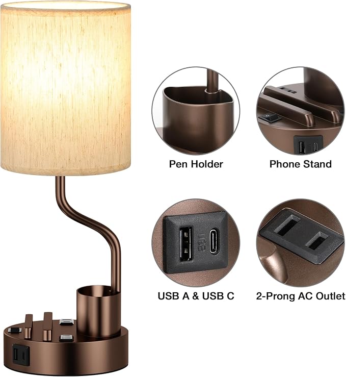Fenmzee Bedside Lamps for Bedroom Set of 2 - Table Desk Lamp for Nightstand | 15" Table Lamp for Living Room with Pen Holder & Phone Stand, USB A+C Port, AC Outlet, 3 Color Temperature, LED Bulb Included
