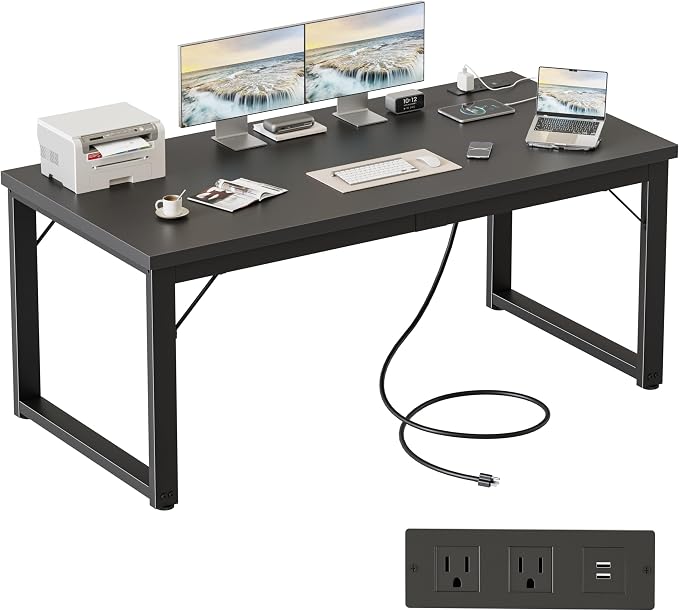 Mericonia 54 Inch Computer Desk with Power Outlets, 1.2" Thick Office Table | Modern Simple Style, Heavy Duty Industrial Frame, Study & Writing Table for Home Bedroom Work, Black
