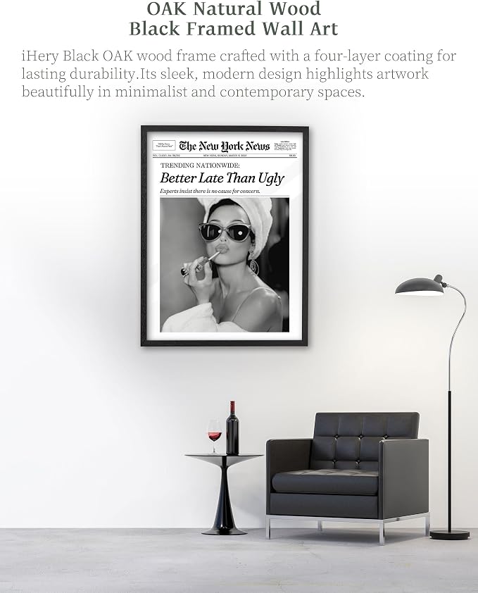iHery 16x20in Audrey Hepburn Better Late Than Ugly Framed Bathroom Art | Premium Black Natural OAK Wood Frame with Canvas Print, Vintage Fashion Wall Decor for Bedroom, Apartment Girl Dorm, 1Pack