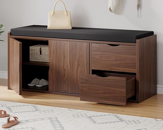 LVB 40” Entryway Storage Bench with Padded Seat Cushion, Wood Hidden Shoe Organizer Bench with 2 Drawers Cabinet, Industrial Shoe Bench for Foyer Entrance Living Bedroom, Walnut Oak, 40 inch