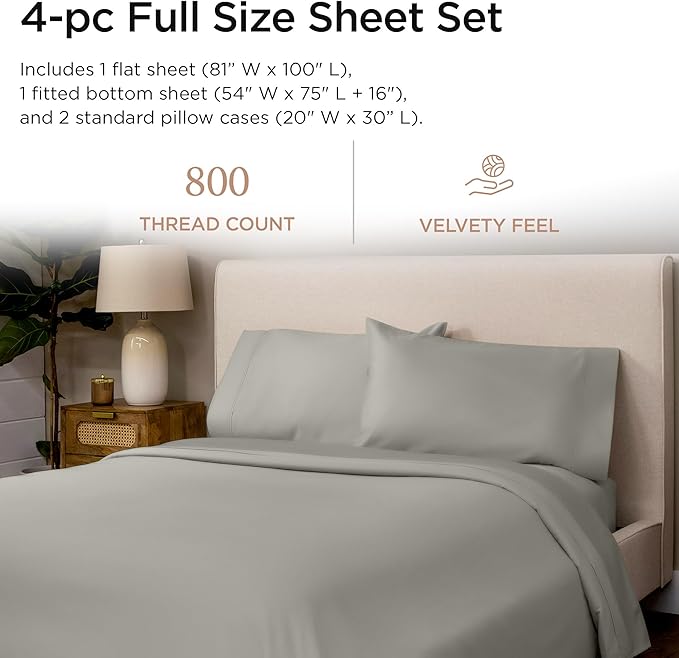 Threadmill Luxury 800 Thread Count Full Size 100% Cotton Sheets - Moonrock Grey Sateen Weave Bed-Sheets, Better Than Egyptian Cotton, 4 Pc Solid Bed Set, Fits 16" Deep Pocket