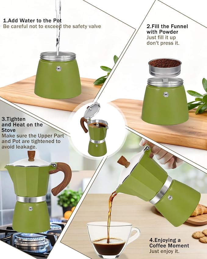 Coffee Maker Stovetop Espresso Maker 3 Cup Aluminum Moka Pot Percolator 5oz 150ml Easy Brewing for Electric Ceramic Stoves Home Camping Italian Cuban Café Classic Sip Sized Green