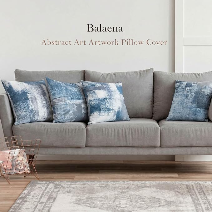 Set of 4 Blue and Grey Abstract Art Artwork Pillow Cover 18 x 18 Inch, Gallery Modern Decorative Throw Pillows Cushion Cover for Bedroom Sofa Living Room | Double-sided vibrant artwork accent cushion covers. Perfect decorative pillows for couch, sofa, ...
