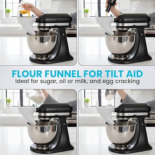 Flour Funnel for KitchenAid Mixer with 5-Piece Measuring Spoon Set, Wide Mouth Pouring Chute Attachment, Mess-Free Anti-Spill & Anti-Splash,Fits Tilt-Head 4.5-5 Qt (KSM150),Dishwasher Safe Baking Tool
