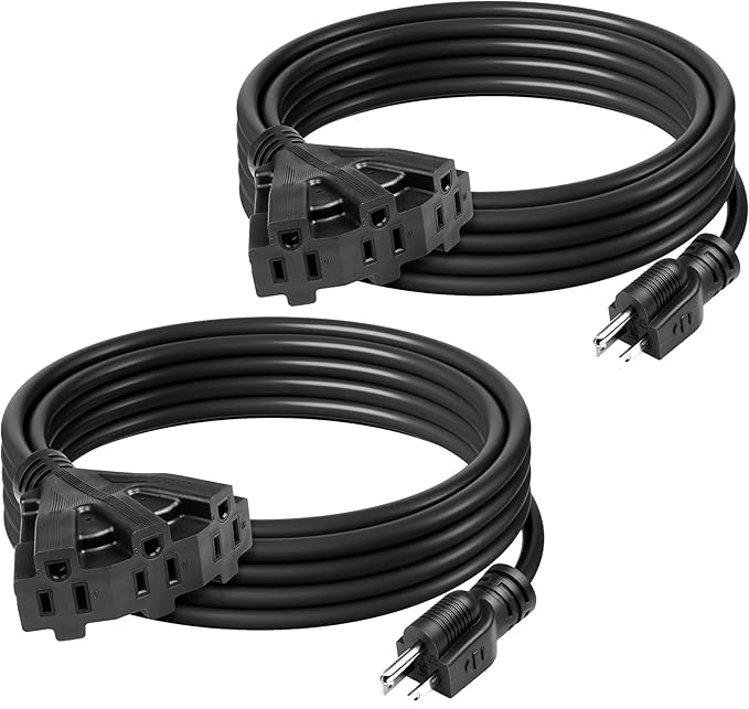 BN-Link's 2 Pack Outdoor Extension Cord Set is Ideal for Holiday Yard Decorations and Garden Equipment. with Three outlets You can Plug in Loads up to a Total of 13amps/1625watts. (Black, 15ft)