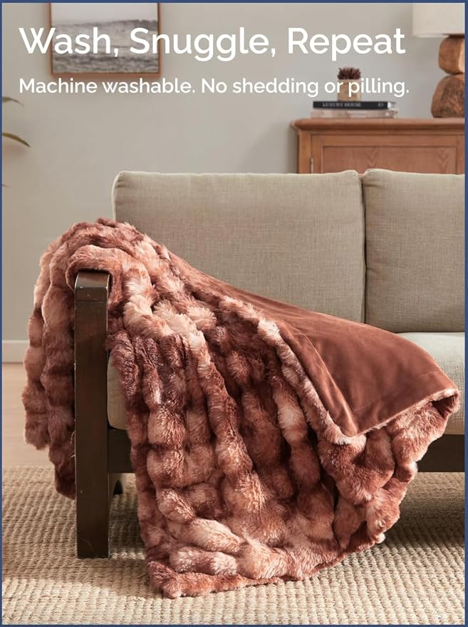 3D Fleece Bubble Blanket Queen - Rabbit Blanket - 90" x 90", Marble Brown | Soft Fluffy Faux Fur Blanket for Couch Sofa & Chair, Cozy Gifts for Women, Tie Dye Cloud Throw Bed Cover, Thick Plush Bedding