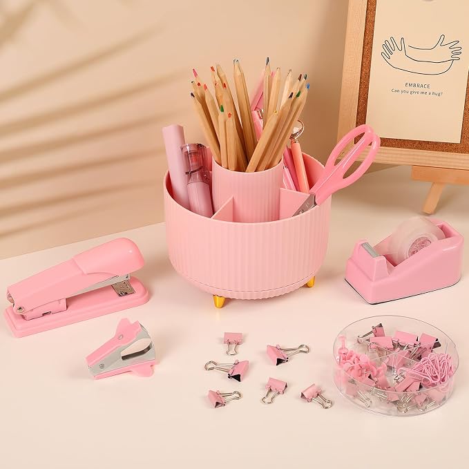 SKYDUE Pink Desk Accessories 10Pcs, Rotating Pen Holder for Desk, Stapler, Staple Remover, Tape Dispenser,2pcs Tape Refills, Binder Paper Clips Kit, Scissor,Pink Office School Supplies
