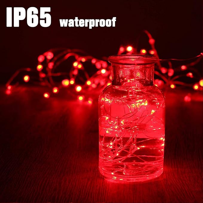 RUICHEN Silver Wire Fairy Lights Plug in 33 Ft 100 LED String with Spool, Red