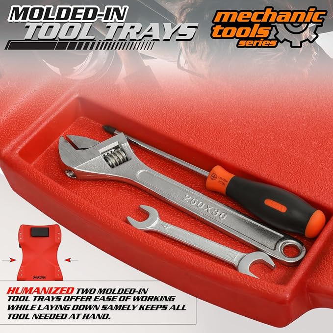 M-AUTO Mechanic Plastic Creeper with Dual Tool Trays, 48" Ergonomic Rolling Garage Shop Creeper with Padded Headrest, 4 Noiseless Casters 350LBS Capacity Red