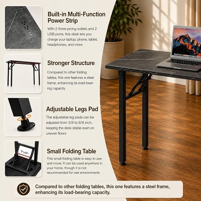 Folding Table Computer Desk - 55.1" No Assembly Folding Desk with Power Outlets & USB Charging Port, Small Desk, Foldable Office Desk, Compact Storage Portable Use for Small Space, Marble Greige