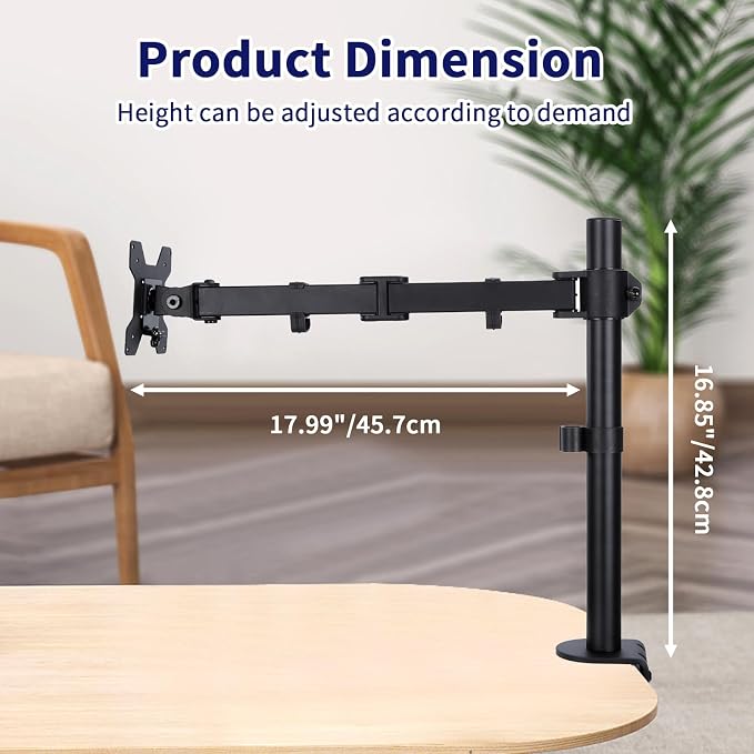 Single Monitor Arm Mount for 13-32 Inch Screen Up to 22lbs | Ultrawide Screens Up to 38 Inch Fully Adjustable Stand with C-Clamp/Grommet Base Tilt Rotation Max VESA 100x100