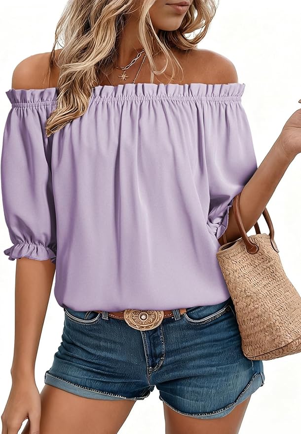 EVALESS Womens Tops Off The Shoulder Blouses for Women Dressy Casual Cute Puff Sleeve T Shirts Fashion 2026