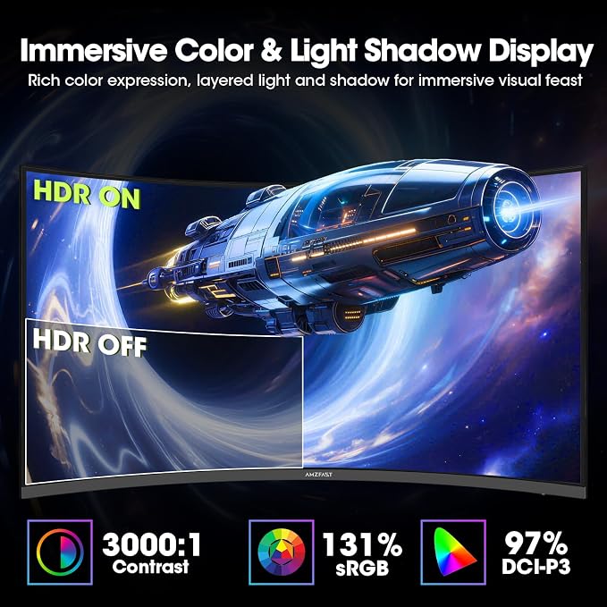 Amzfast 32" 4K 120Hz 1ms Curved Gaming Monitor, 3840x2160 UHD, PIP/PBP, Adaptive Sync, 130% sRGB, 3000:1 Contrast, HDR, 300nits, 1500R, HDMI2.1(VRR)& DP1.4, Built-in Speaker, Eyes Care, VESA Mount