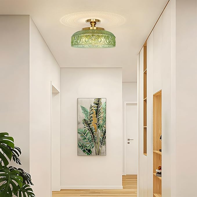 Lamomo Semi Flush Mount Ceiling Light, Upgraded Larger Green Hallway Light Fixture, 3-Bulb Globe Glass Close to Ceiling Scone, Indoor Hanging Light for Bedroom Kitchen Porch Hallway,Bulbs Not Included