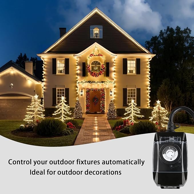 Outdoor Timer Outlet Waterproof, 24 Hour Mechanical Timer Outlet for Home and Garden, Single Grounded, 15A 3/4HP, Black, 3 Pack