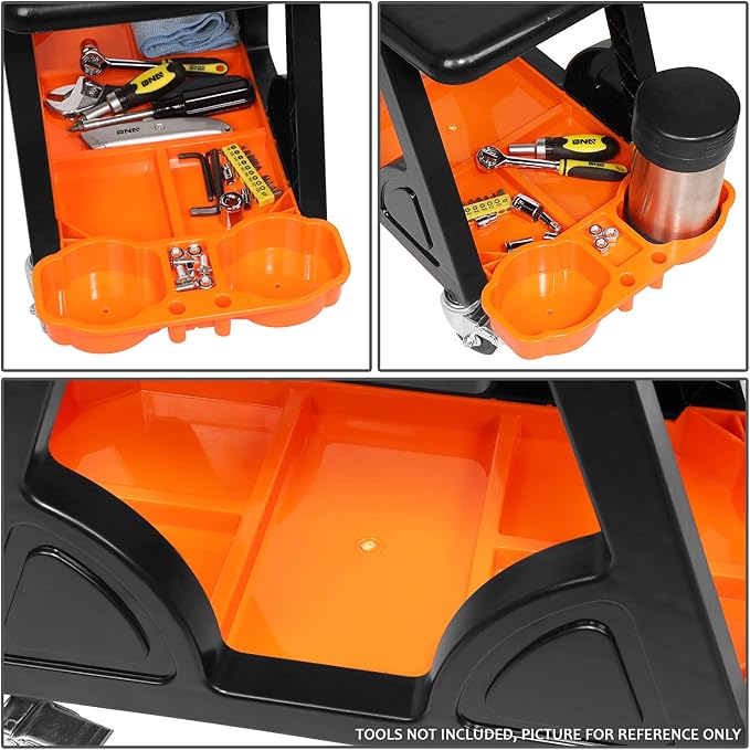 DNA Motoring TOOLS-00188 Mechanic Stool - 23" x 13.5" x 10.5" (L x H x W), Rolling Work Seat w/Lockable Swivel Wheels and Storage Tool Tray