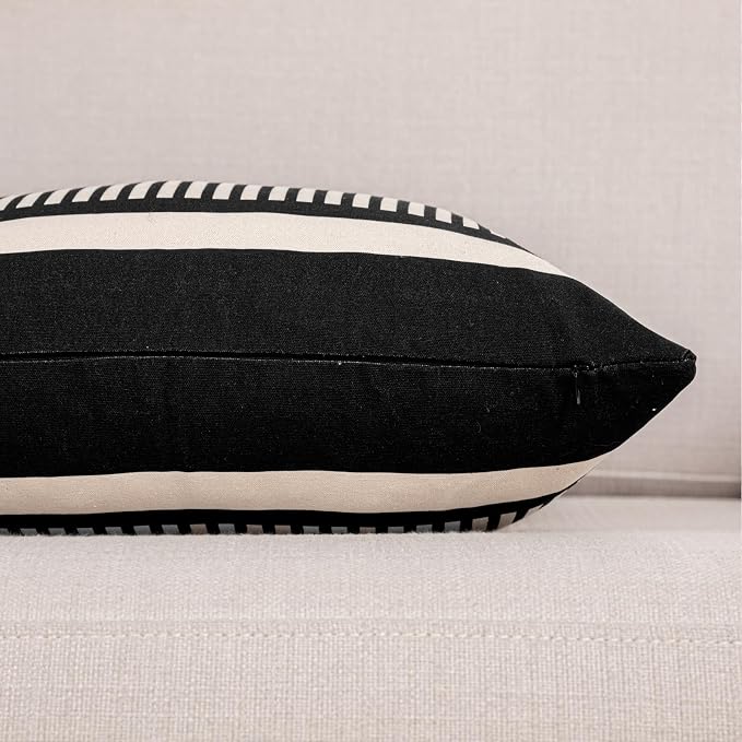 18x18 Inch Pillow Cover - Brown Faux Leather & Black White Striped Cotton Splicing, Same Pattern Both Sides | for Couch Sofa Bed, Farmhouse Industrial Decor