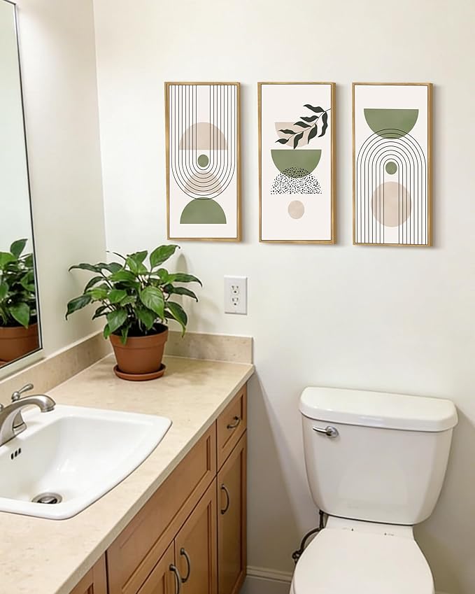 KUVIOKE Boho Wall Art Green Botanical Leaf Artwork Sage Framed Wall Decor for Bathroom 8x16in3pcs Natural Framed