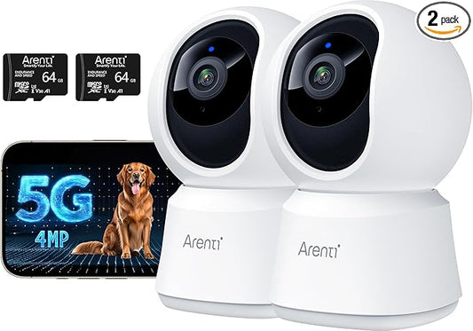 ARENTI 5G 4MP Pet Camera 2 Pack, No Subscription Indoor Security Camera for Dog/Cat/Baby, Free Phone App, Dual-Band WiFi, Auto Tracking, Super Night Vision, 2-Way Talk, 64G Local Storage(P2Q 64G 2PC)