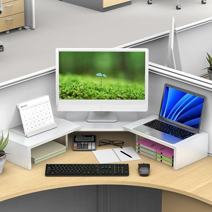 Dual Monitor Stand for Desk, Metal Computer Stand, Desk Shelf Riser,Desktop Organizer for Home and Office Use (White)