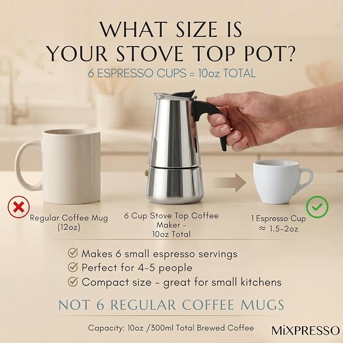 Mixpresso 6 Cup Greca Moka Pot, Stainless Steel Stovetop Espresso Maker | 300ml/10oz Italian stovetop coffee maker with classic percolator design, ideal for preparing coffee at home or while camping