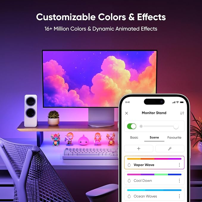 Nanoleaf Smart Monitor Stand, Wood Riser, RGB LED Task & Ambient Light | Ergonomic monitor stand with built-in ambient LED lighting, smart desktop accessory for home office & gaming setups