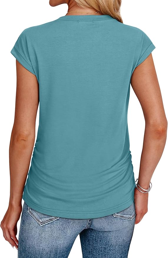 Sampeel Womens Summer Tops Trendy 2026 Ruched Cap Short Sleeve Tshirts Shirts Crew Neck T Shirts Fashion