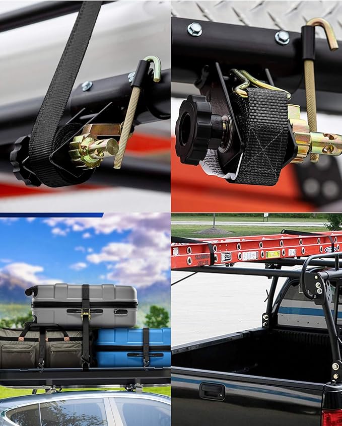 Ladder Rack Straps, W/J-Hook (4PCS), 2" Black Round Tube Mount, 1.5" Wide x 7.5' Long, Black Ladder Rack Ratchet Straps, 500 lbs Load Heavy Duty, Truck/Lumber Rack Straps, Pipe/Roof Rack Straps