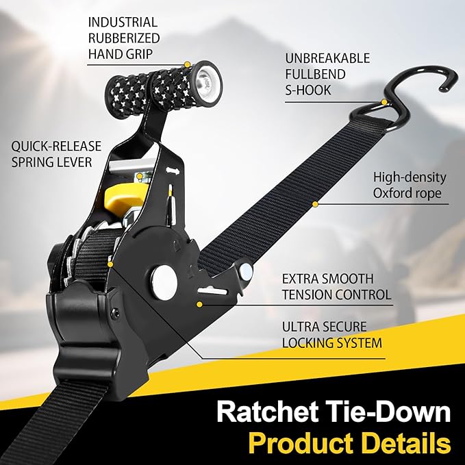 Retractable Ratchet Straps,1" x 10' Heavy Duty Ratchet Straps Self Retractable Tie Down Straps with Soft Loops for Motorcycle, Truck,Trailer(4-Pack)