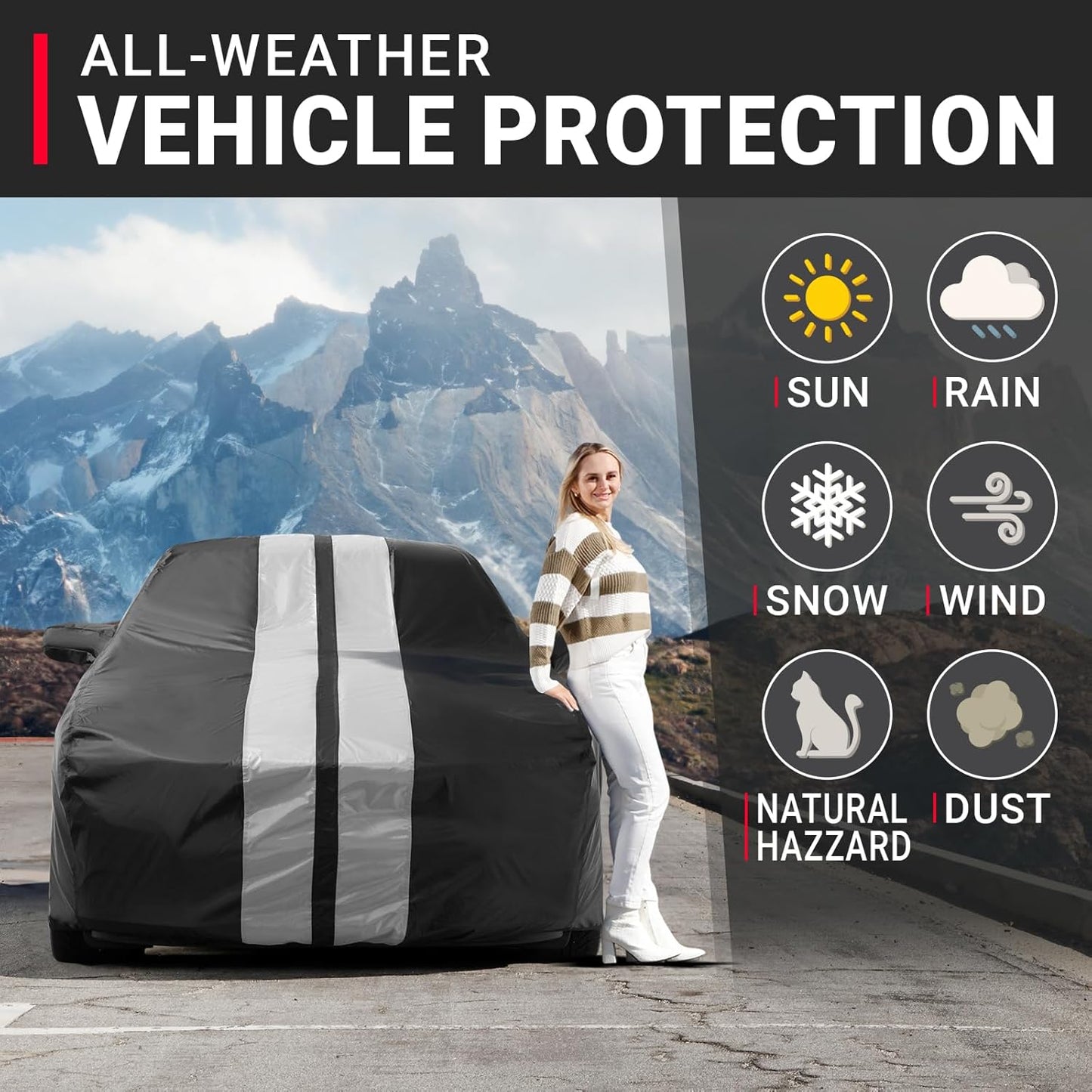 iCarCover Custom Car Cover for Chevy Aveo Sedan (2004-2022) Waterproof All Weather Rain Snow UV Sun Protector Full Exterior Indoor Outdoor Car Cover (Stripe - Black/Gray)