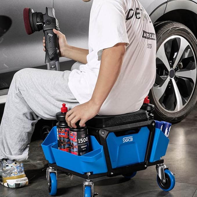 SGCB Automotive Mobile Rolling Mechanics Stool - Heavy Duty Roller Creeper Seat Soft Rubber Cushion Brake Wheels Storage Drawers Tray Roller Seat for Home DIY Garage Car Detail, 330lb Load Bear