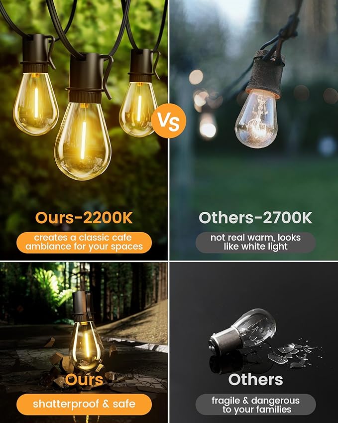 Torkase Solar String Lights Outdoor, 120FT 30+2 Shatterproof S14 LED Bulbs, Waterproof, USB Rechargeable, 2200K Warm White, Energy-Saving Hanging Patio Lights for Garden, Porch, Bistro, Deck, Market