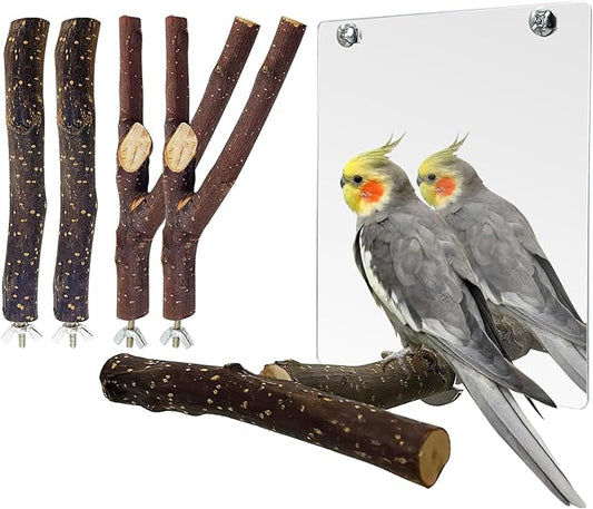 BNOSDM 5PCS Bird Mirror with Perches Stand Parrot Natural Wood Stick Perches Forked Perch Branch Parakeet Toy Set Bird Cage Accessories for Budgie Cockatiel Conure Finch Lovebird