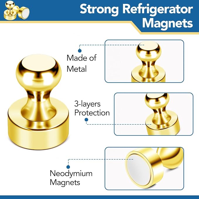 LOVIMAG Fridge Magnets 50Pcs, Magnet for Refrigerator Whiteboard, Gold | Small Strong Neodymium Metal Cute Push Pin for Classroom, Kitchen, Accessories Decorative, Office, Calendar